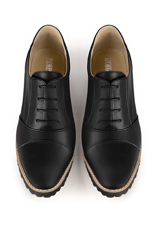 Satin black women's casual lace-up shoes. Round toe. Flat rubber soles. Top view - Florence KOOIJMAN